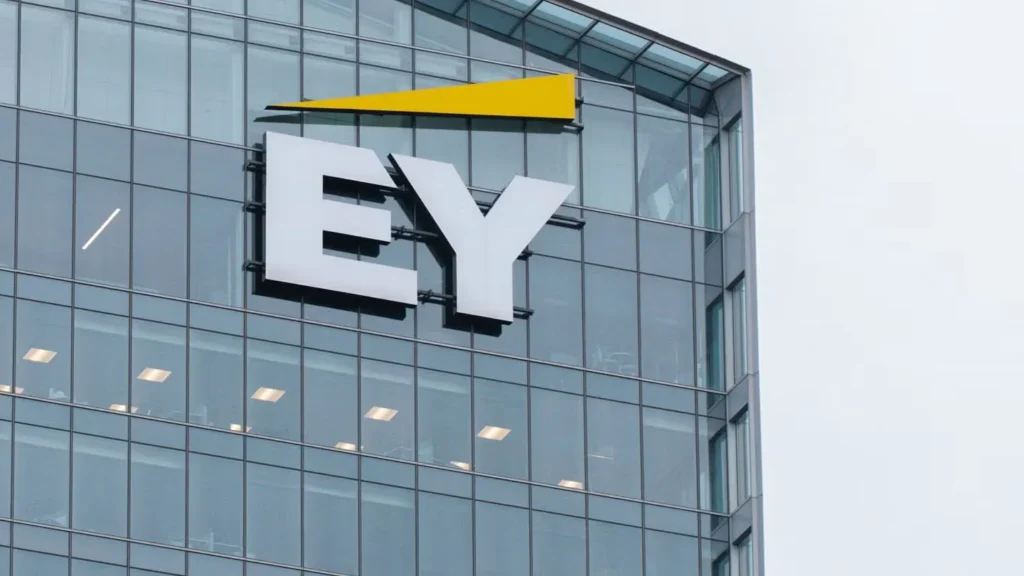 EY office building with Ernst & Young logo displayed on corporate headquarters