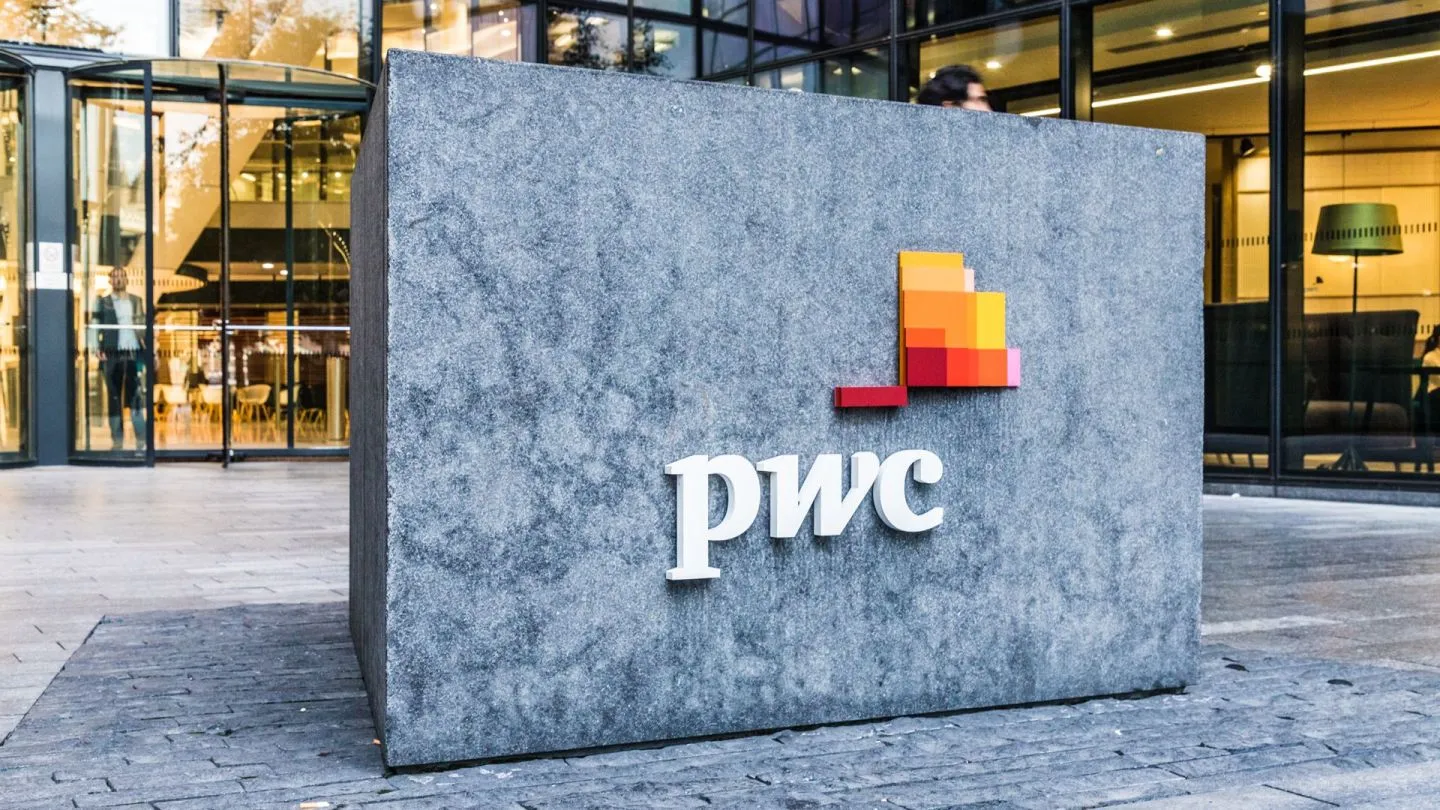PwC office signage with company logo representing global consulting and professional services firm