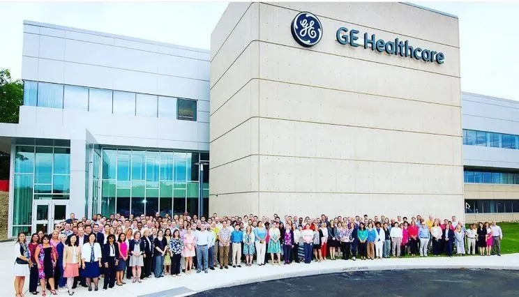 GE Healthcare office building with employees showcasing global healthcare technology workforce
