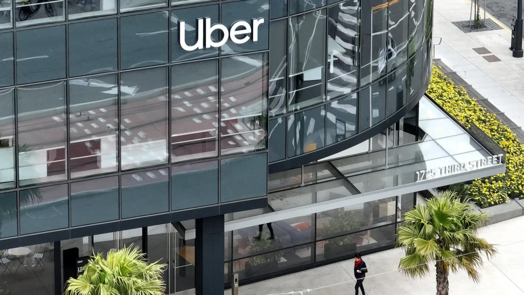 Uber office building exterior with logo and glass façade