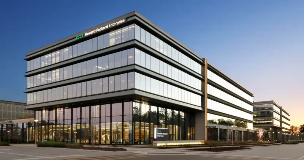Hewlett Packard Enterprise modern office building with glass facade and logo