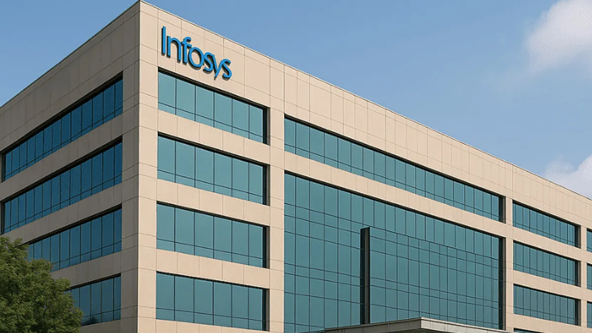 Infosys office building exterior with company logo on glass facade