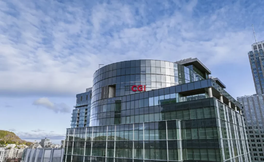 CGI office building exterior with company logo signage