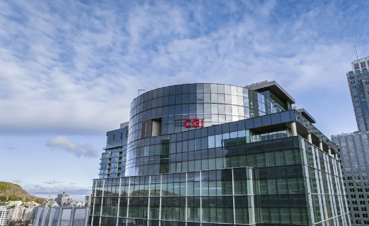 CGI office building exterior with company logo signage