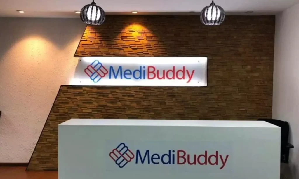MediBuddy office reception area with company branding and front desk