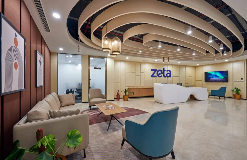 Zeta office interior with reception desk and company branding