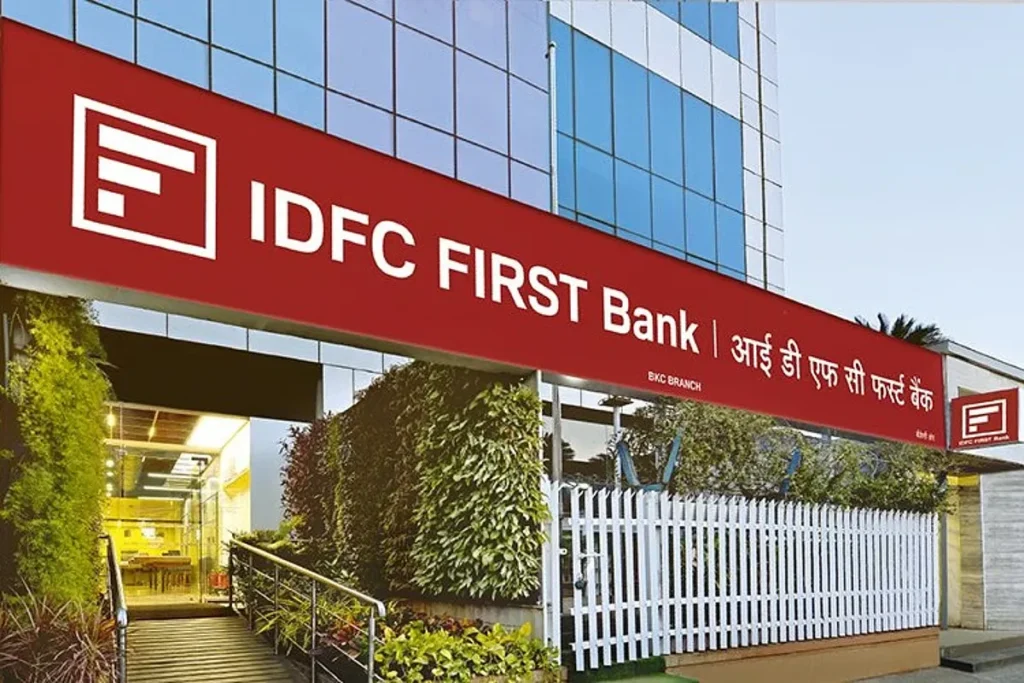 IDFC FIRST Bank branch building featuring the bank's red signage and logo, representing banking careers and job opportunities in India.